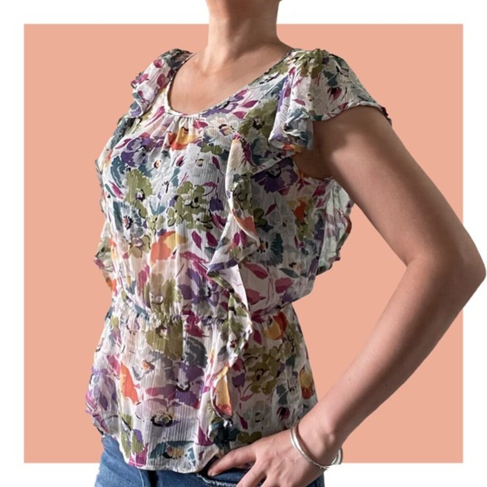 Sunny Leigh Cinched Waist Ruffle Sleeve Colorful Floral Top Womens Size S